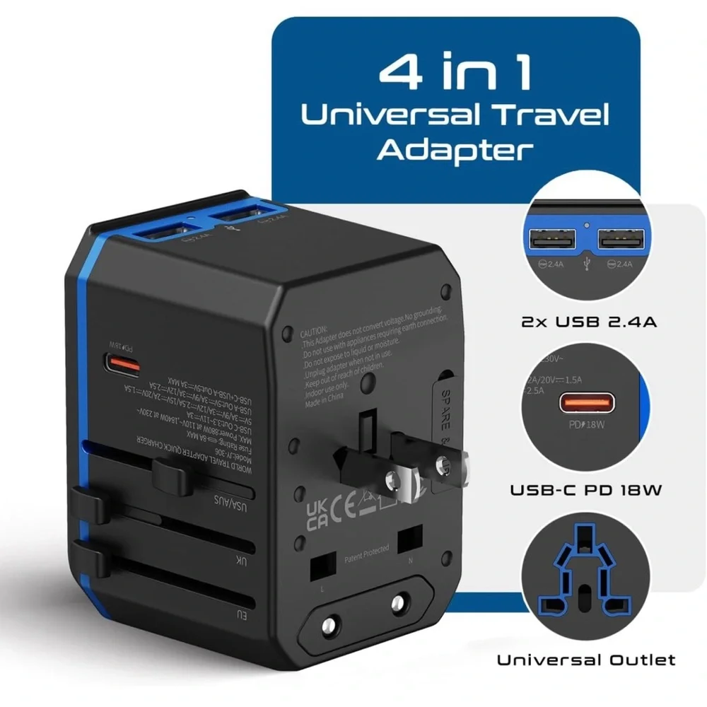 Universal Travel Adapter -Powerful Fast Charging - 2 USB hard case included